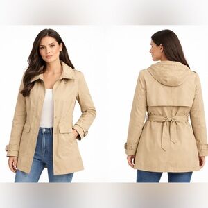 GAP Light Camel Hooded Trench Coat | Zip + Snap | Grey Lining